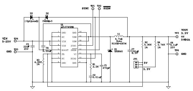 LT1374CFE Demo Board, 4A, 500KHz Step Down Switching Regulator, 5-25Vin up to 4A, Jumper Selectable 3.3 or 5Vout