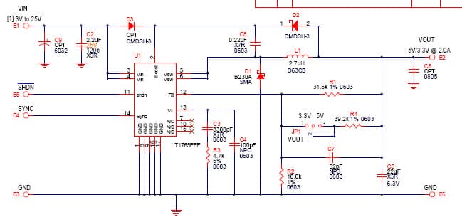 LT1765EFE Demo Board, Wide Input Range, 1.25MHz Step-Down DC/DC Converter, 3V to 25V Input, Jumper Selectable 3.3V or 5Vout @ 2A