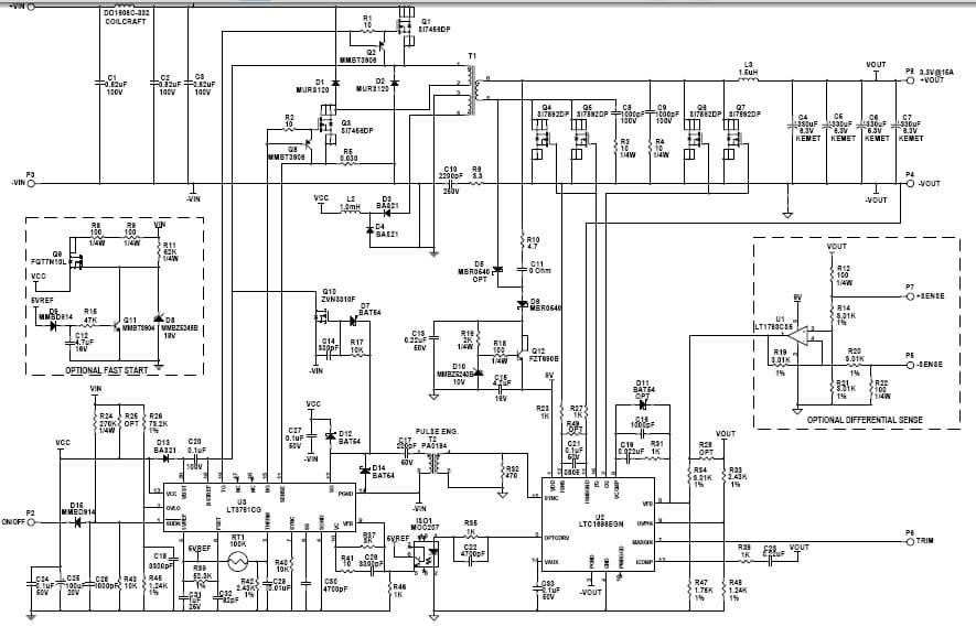 LT3781EG, LTC1698EGN, LT1783CS5 Demo Board, Isolated Synchronous, forward Converter, Vin=36V-72V, Vout=3.3V @ 15A