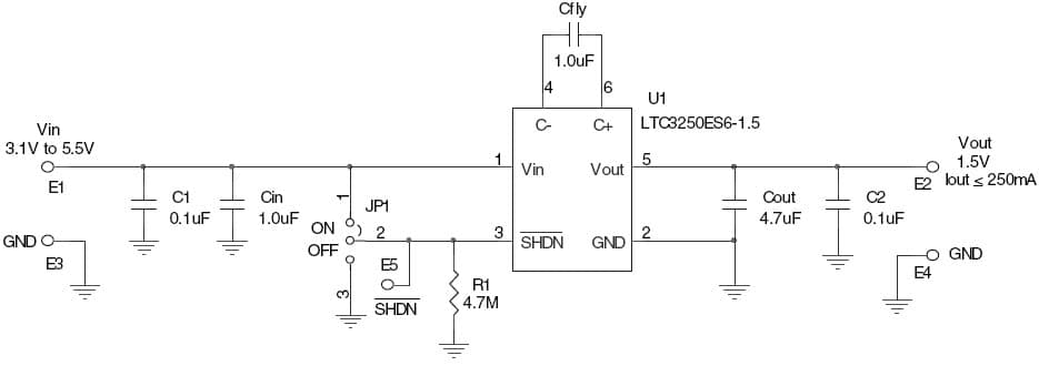 LTC3250ES6-1.5 Demo Board, High Efficiency, Low Noise, Inductor less Step-Down DC/DC Converter, 3.2V to 5.5V Input, 1.5Vout, Iout < 251mA