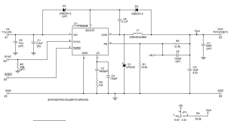 LT1767EMS8E Demo Board, 1.25MHz Wide Input Range Step Down DC/DC Converter, 3V to 25V Input, 5V/3/3Vout @ 1A