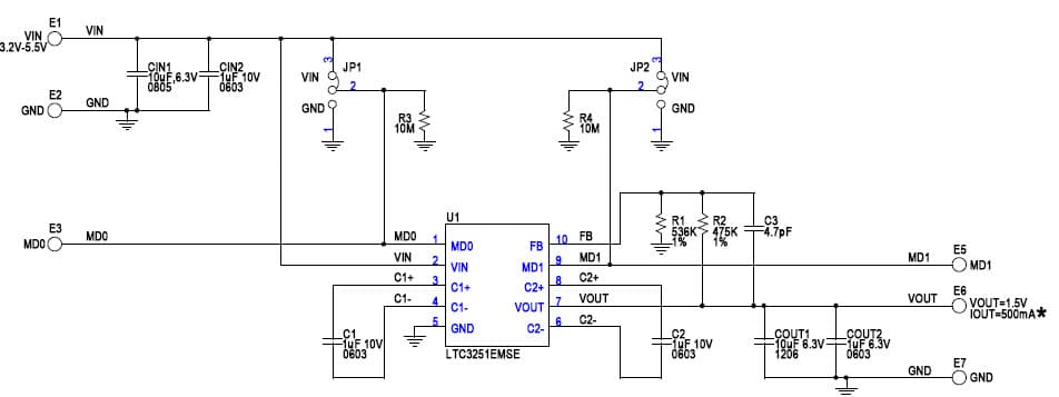 LTC3251EMSE Demo Board, 500mA Spread-Spectrum, Low Noise, Inductor less Step-Down DC/DC Converter, Vin = 3.2V-5.5V, Vout = 1.5V, Iout = 500mA