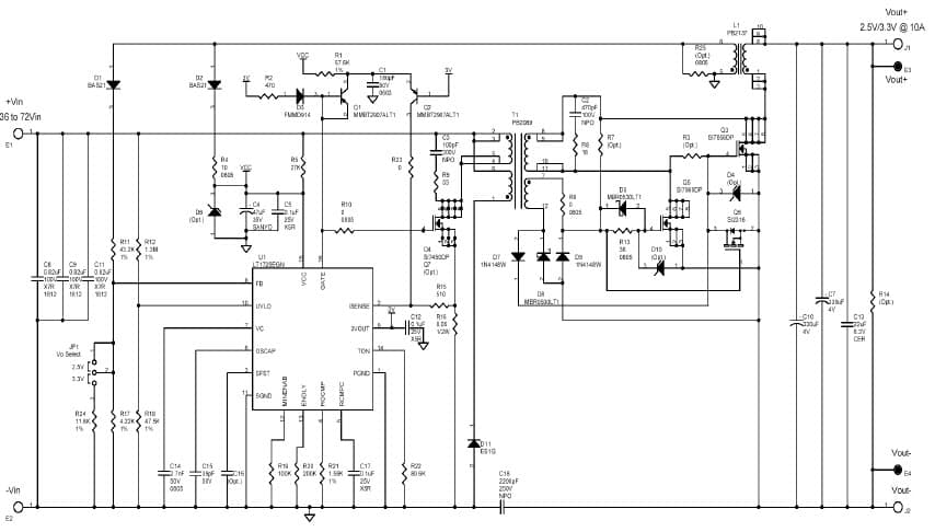 LT1725CGN Demo Board, Low Cost, High Efficiency Synchronous forward Converter w/o Opto-Isolator, +Vin = 36V-72V, +Vout = 2.5V/3.3V at 10A