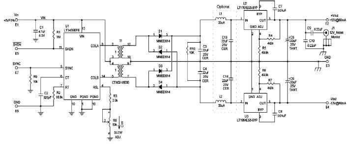 LT3439EFE Demo Board, Low Noise Isolated Power Supply, Vin = +5V +/-5%, +Vout = +12V@80mA, -Vout = -12V@80mA