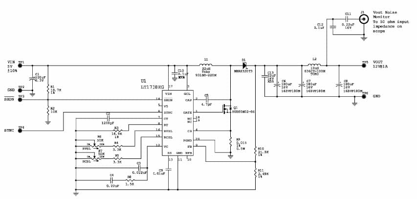 LT1738EG Demo Board, Ultra Low Noise Boost Regulator, Vin = 5V + / - 5%, Vout = 12V @ 1A