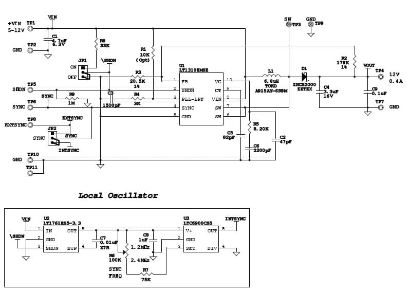 LT1310EMSE Demo Board, Boost DC/DC Converter w/ Phase-Locked Loop, 5 to 12Vin, 12Vout @ 0.4A