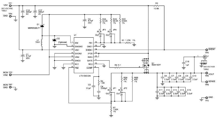 LT3150CGN Demo Board, Low Voltage LDO Linear Regulator (1.5-2.5Vin), 1.2V/1.5Vout @ 4A or 1.8Vout @ 1.7A