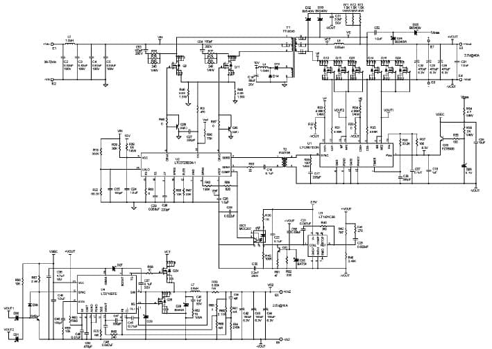 LTC3723EGN-1 Demo Board, Isolated Supply, Vin = 36 - 72V, Vout1 = 3.3V @ 40A, Vout2 = 2.5V @ 10A