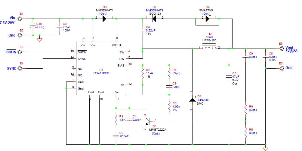 LT3431EFE Demo Board, 3A, 500kHz High Voltage Buck Converter, 7.5V - 20Vin, 5Vout @ 2A