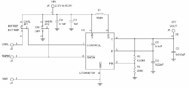 LT3464ETS8 Demo Board, 2 Circuits, Boost Converters, 2.3V to 10V Input, Vout1 = 20V/3-6mA