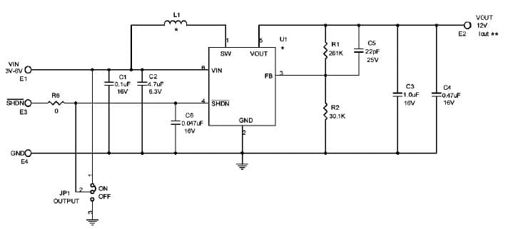 LT3461ES6 Demo Board, Boost Converter, Vin = 3V - 6V, Vout = 12V, (if Vin = 3.3V, Iout = 40mA)