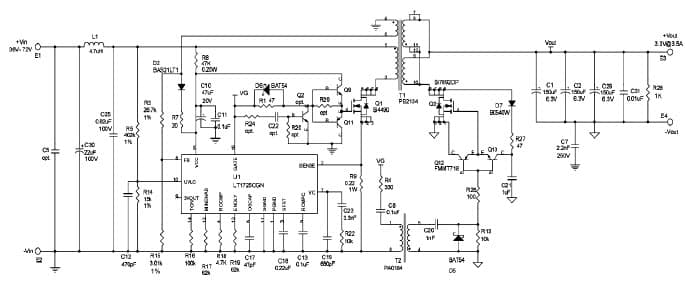 LT1725CGN Demo Board, Synchronous Flyback Converter, 36V - 72Vin, to 3.3V @ 3.5A, 350mA Input Current