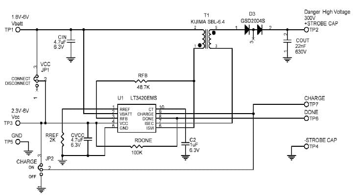 LT3420EMS Demo Board, Strobe Capacitor Charger, High Voltage Supply, Input = 1.8V to 16V, Vout = 300V