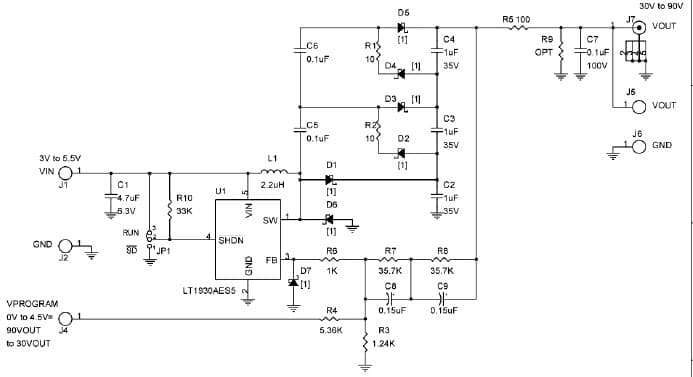 LT1930AES5 Demo Board, Avalanche Photodiode Bias Supply, 3V to 5.5V Input, Vout = 30V to 90V