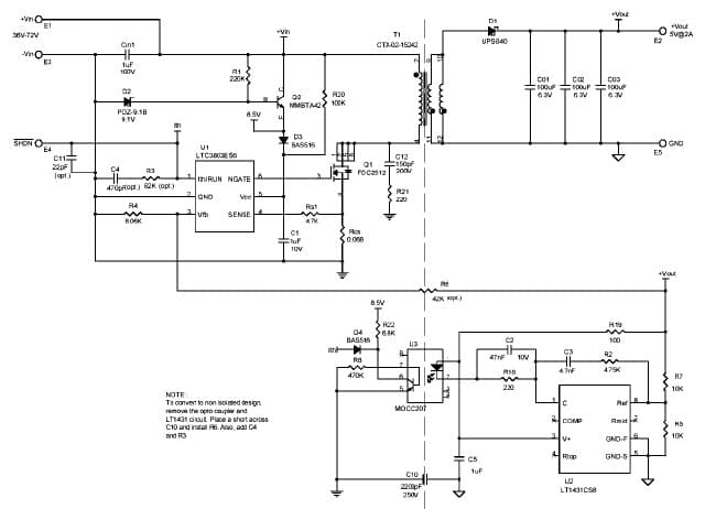 LTC3803ES6 Demo Board, Telecom DC/DC Converter, +Vin to -Vin = 36V-72V, +Vout = 5V @ 2A