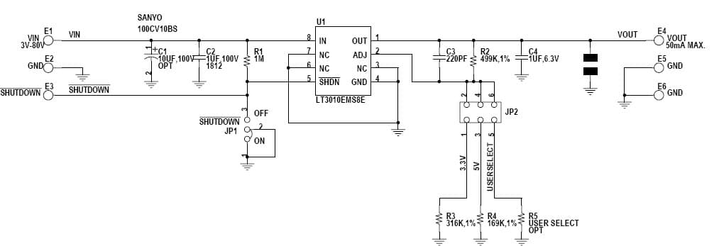 LT3010EMS8E Demo Board, High Voltage Micro-power Linear Regulator, Vin = 3V-80V, Vout = 50mA Max