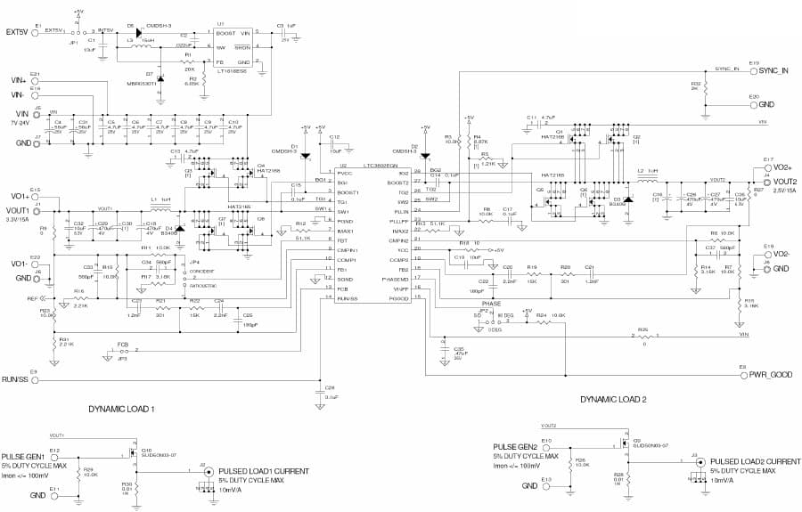 LTC3802EGN Demo Board, Dual 15A High Frequency Step-Down DC/DC Converter, Vin = 7V - 24V, Vout1 = 3.3V @15A, Vout2 = 2.5V @ 15A