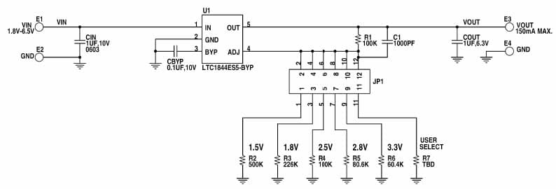 LTC1844ES5-BYP Demo Board, Low Noise Micro-power Linear Voltage Regulator, Vin = 1.8V - 6.5V, Vout = 150mA Max