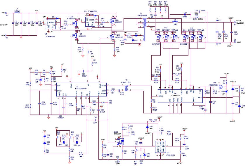 LTC3723EGN-1 Demo Board, Isolated supply, 42V-56Vin to 12Vout @ 20A (300kHz)