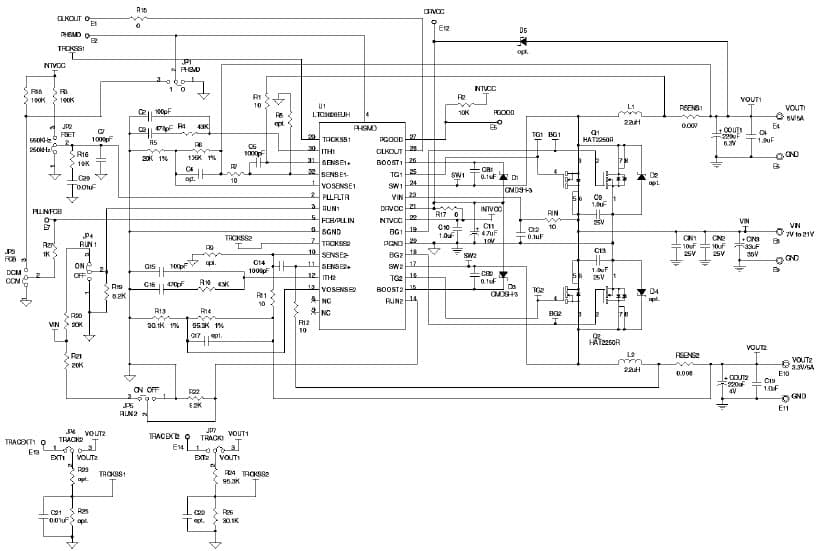 LTC3828EUH Demo Board, Dual Output Step-Down DC/DC with Tracking, Vin = 7V to 21V, Vout1 = 5V / 5A, Vout2 = 3.3V / 5A