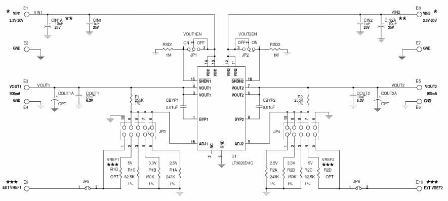 LT3028DHC Demo Board, Dual Input, Dual Output Regulator, Vin1/Vin2 = 2.3V-20V, Vout1/Vout2 = 2.5V or 3.3V or 5V @ 100mA