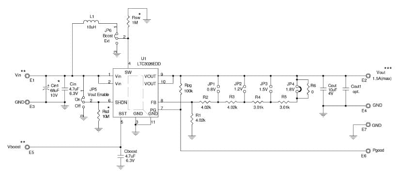 LTC3026EDD Demo Board, Low Input Voltage VLDO Linear Regulator, Vin=1.14V-5.5V(Ext), Vin=1.14V-3.5V(Boost), Iout = 1.5A(max)