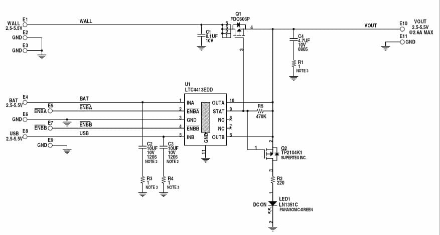 LTC4413EDD Demo Board, Dual Ideal Diode-Triple Power Path Controller, Vin = 2.5-5.5V, Vout = 2.5-5.5V@2.6A MAX