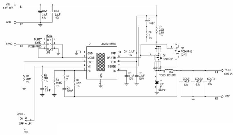 LTC3824EMSE Demo Board, 5.5V < Vin < 60V, Vout: 5V/2A