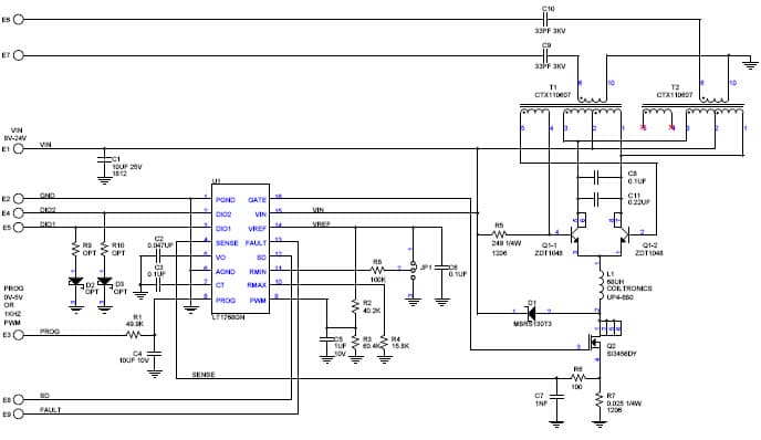 LT1768CGN Demo Board, High Power Dual CCFL Power Supply with Ultra wide Multimode Dimming Range