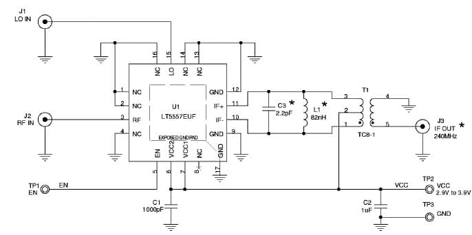 DC1131A, Demo Board Using LT5557EUF, 400MHz to 3.8GHz, 3.3V Down Mixer, 1.95GHz, 240MHz Balun IF out