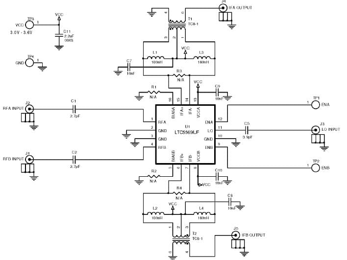 DC1719A, Demo Board Using LTC5569 Dual Wideband Active Mixer Demo Circuit with RF=1.4 to 3.3GHz, IF=190MHz