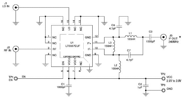 DC910A, Demo Board Using LT5557EUF, 400MHz to 3.8GHz down mixer, 1.95GHz, 240MHz discrete matching IF