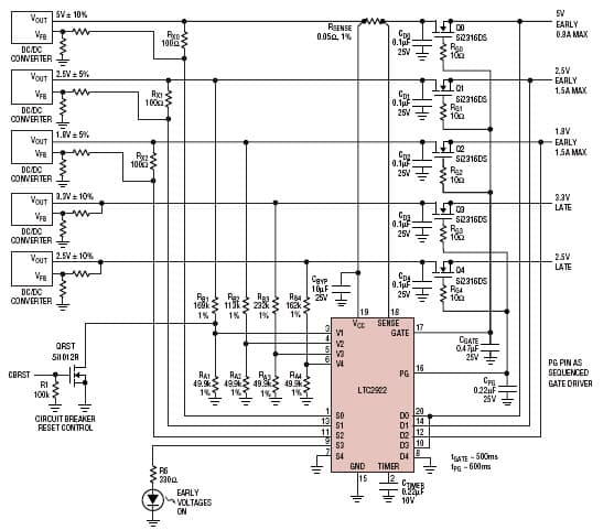 LTC2922, Supply sequencer application circuit with an LED