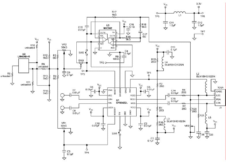 SY88422L EV, Optical Evaluation Board allows for evaluating the performance of the SY88422L while driving a laser