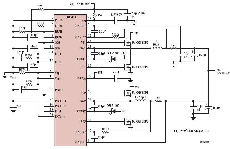 LTC3890, High Efficiency Converter Produces 25A at 12VOUT from Inputs Up to 60V