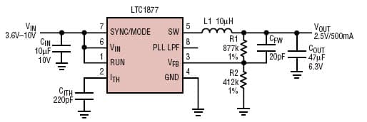 LTC1877, 2.5V/500mA step-down regulator