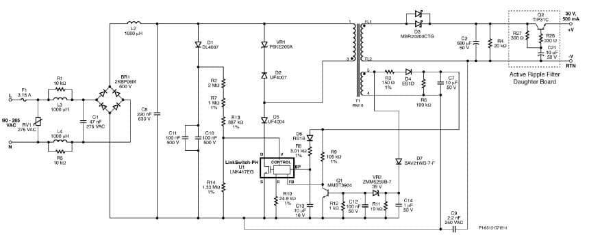 DER-288, High Efficiency (=85%), High Power Factor (>0.9) 15W LED Driver (Non-Dimming) Using LinkSwitch-PH LNK417EG with Active Ripple Filter