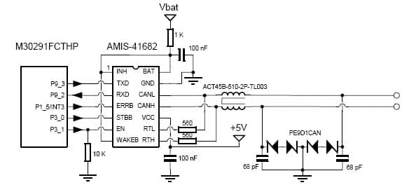 Application Circuit Using AMIS-4168x Fault Tolerant CAN Transceiver