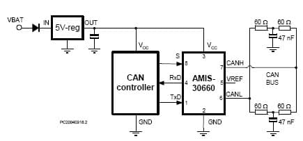 Typical Application Schematic for the AMIS-30663 CAN Transceiver