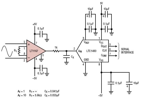 Design Circuit Using LT1167 Precision, Low Cost, Low Power Instrumentation Amplifier Converting Differential Signals to Single-Ended Signals