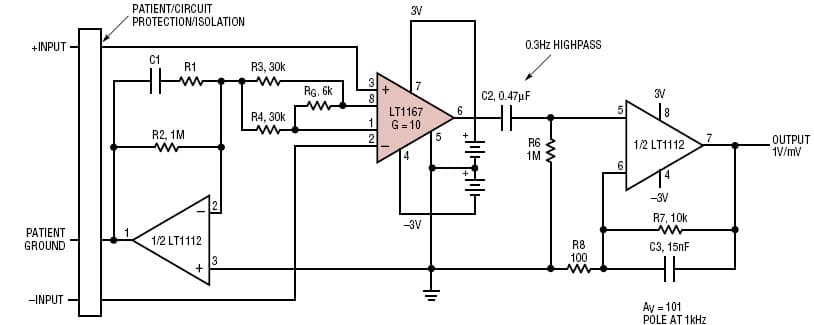 Design Circuit Using LT1167 Low Cost, Low Power Instrumentation Amplifier Requires a Single Gain-Set Resistor