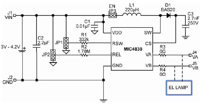 MIC4830YMM EV, Evaluation Board for MIC4830 Low Audible Noise 180 Vpp Electroluminescent Lamp Driver