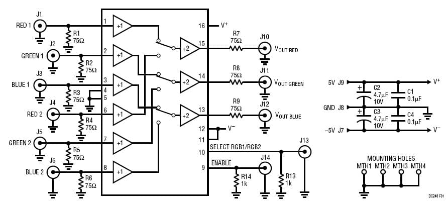 DC240, LT1675CGN Demo Board, 250MHz RGB Video 2:1 Multiplexer with C.F. Amplifier