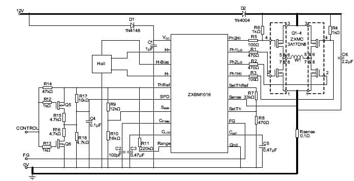 AN49 Application Circuit Using ZXBM1016 Single-Phase Brushless DC Motor Pre-Driver