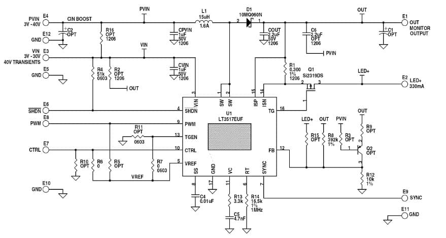 DC1279A, Demo Board Using for LT3517EUF 2.3A/1.3A, 45V, 2.5MHz Full Featured LED Driver w/True Color PWM Dimming