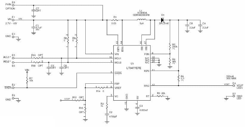 LT3477EFE Demo Board, Constant Current Boost w/ Vin=2.7V-16V Vout= LED + 330mA 36V Max