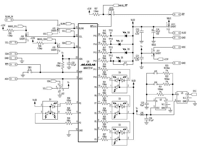 MAX7314EVKIT+, Evaluation Board using MAX7314 PWM controller for four white LEDs