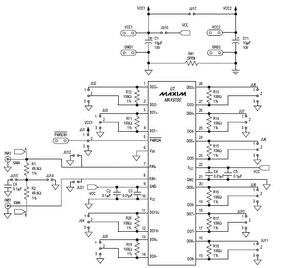 MAX9150EVKIT, Evaluation Kit using the MAX9150, 400-Mbps, 10-port low-voltage differential signaling repeater