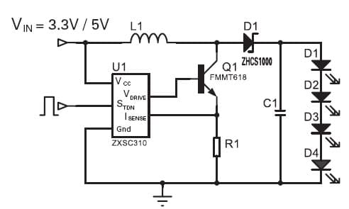 ZXSC310EV, Evaluation Board for ZXSC300 LED Driver designed for White LED High-Brightness Solution