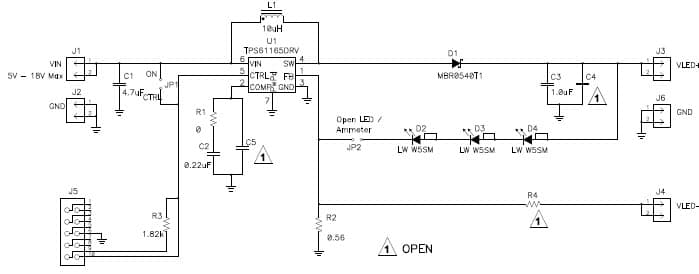 TPS61165EVM-283 facilitates evaluation of the TPS61165 High Brightness White LED Driver